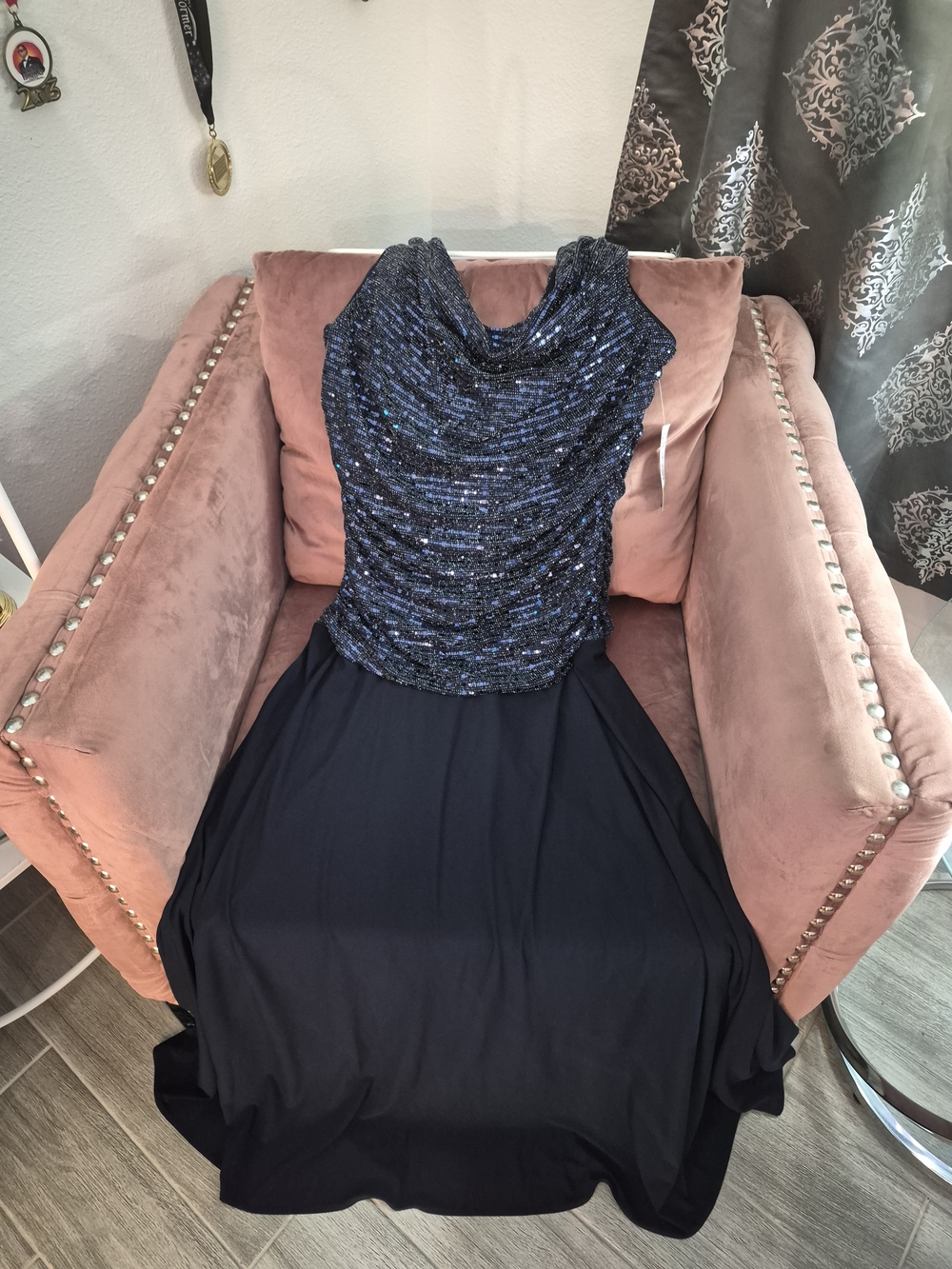Black Maxi Dress with Navy Sequin Draped Bodice